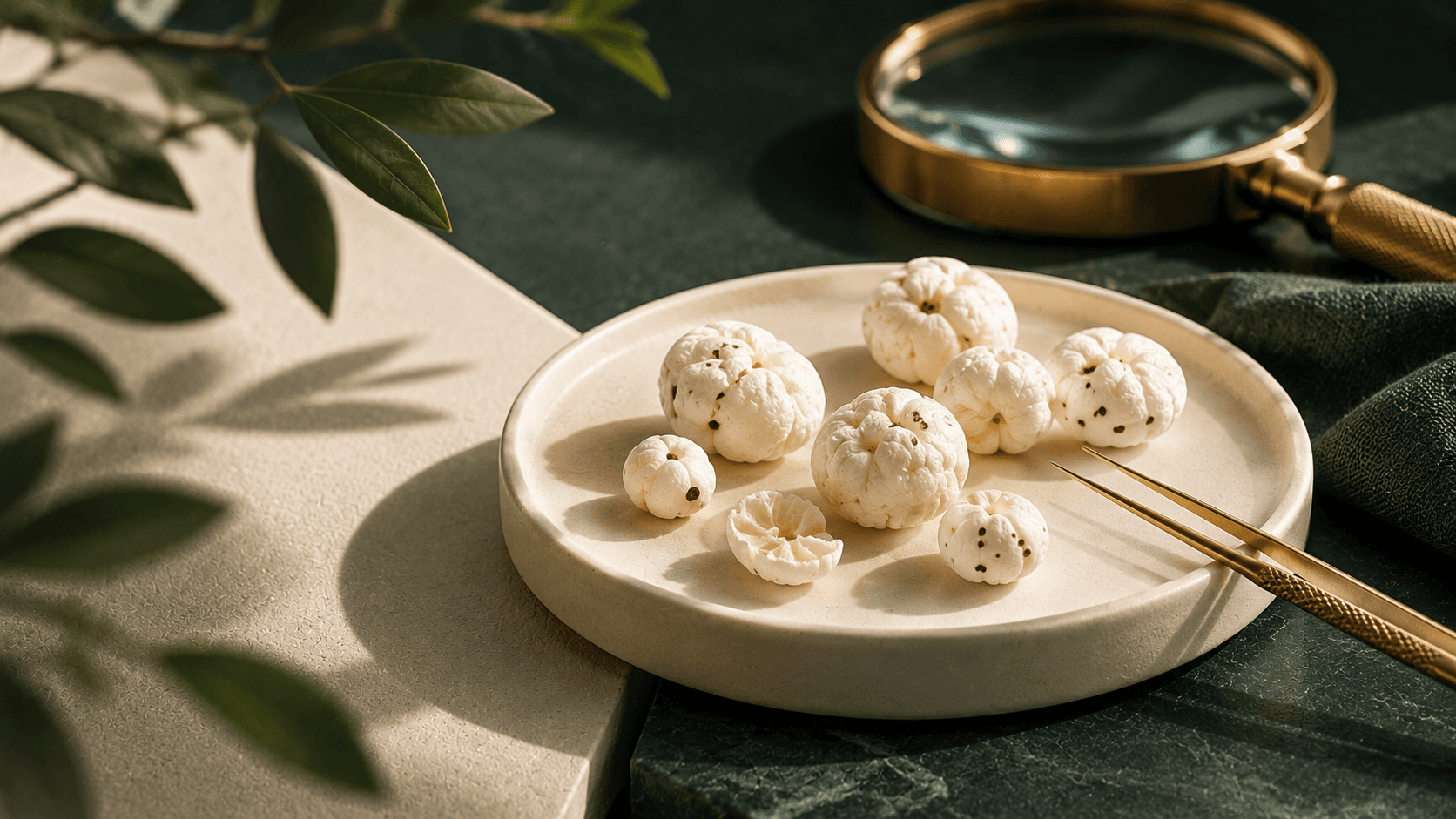 A few makhana on an ivory dish beside a brass measuring tool